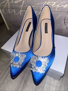 Crystal-Embellished Royal Blue Satin Pointed Pumps - Women's